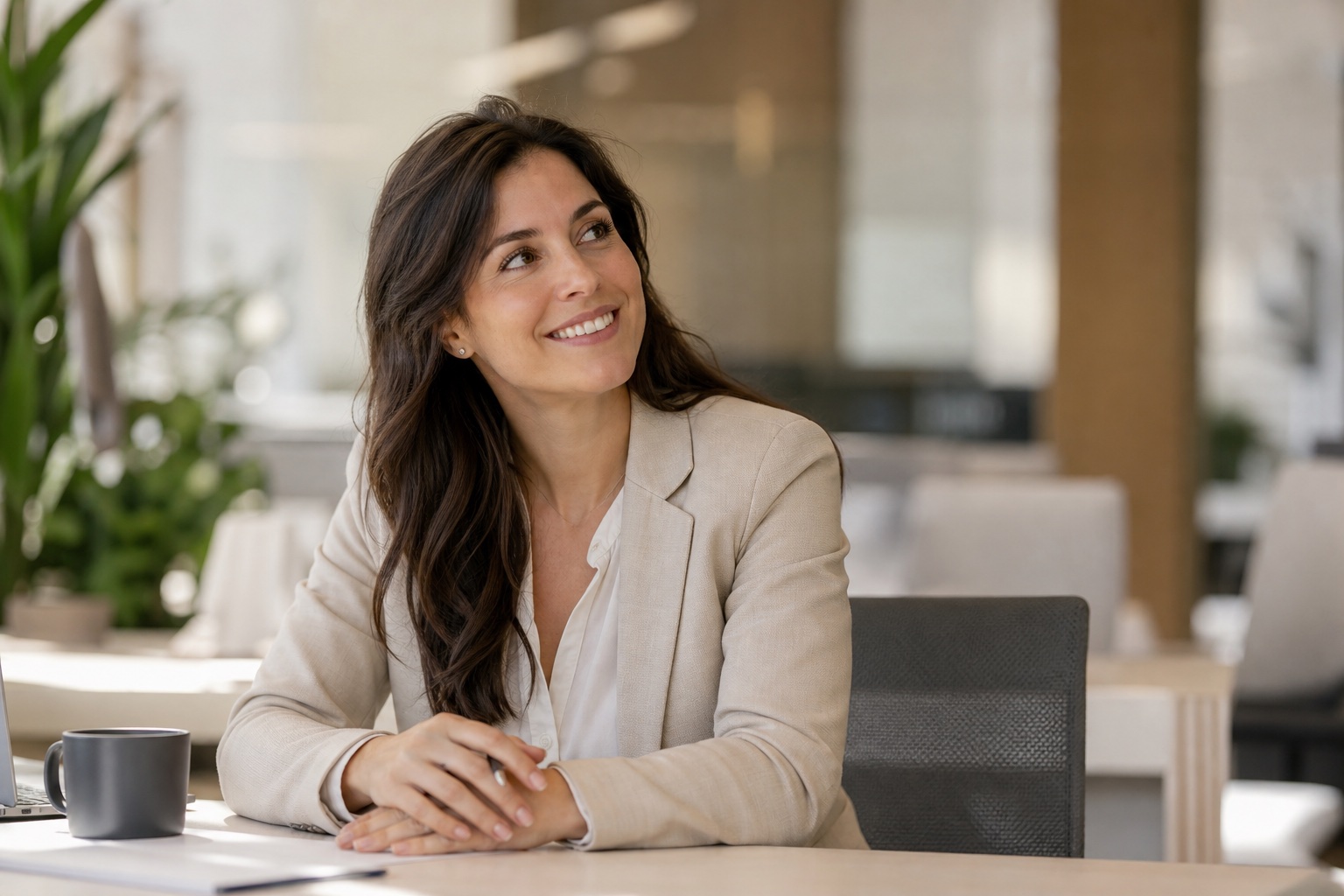 Reclutadora sonriente en una oficina moderna usando la plataforma de contratación con IA HRBlade